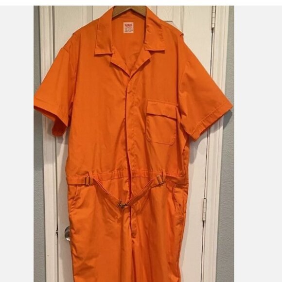 Vtg Bright Orange Coveralls Jumpsuit Uniform Sz XXL ToppMaster Mod Disco Costume - Picture 1 of 6